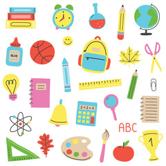 Cartoon school icon set. Cartoon stationery. Vector illustration