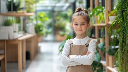 School girl in eco-friendly school Targets niche content promoting sustainability in education, green architecture in schools, and eco-conscious curriculums.