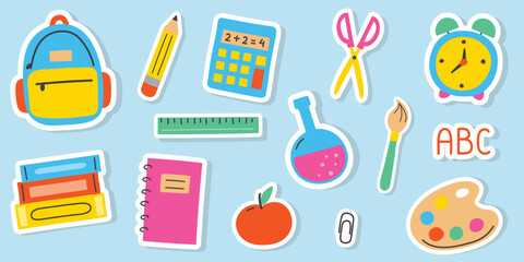 Set with school stickers. Cartoon supply icons. Vector illustration
