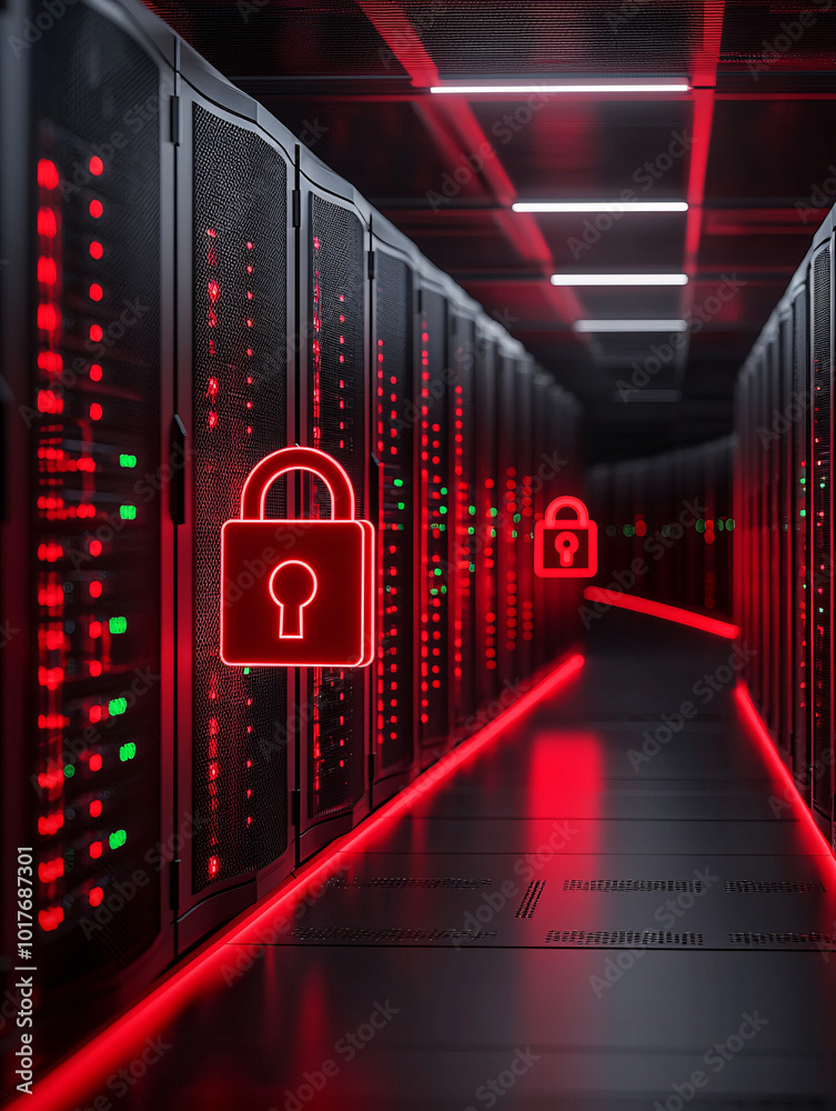Poster rows of server computers with digital padlocks floating above each, dark ambiance with glowing data 