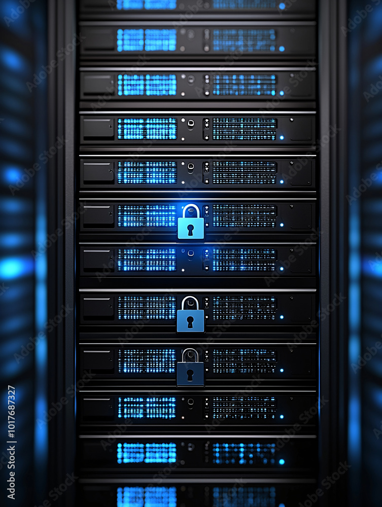 Poster rows of server computers with digital padlocks floating above each, dark ambiance with glowing data 