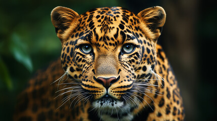 Obraz premium Majestic leopard with striking spots and piercing blue eyes, showcasing its powerful presence in lush green environment. This captivating animal embodies beauty of wildlife. 