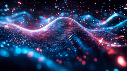 Fototapeta premium Abstract Digital Wave with Glowing Red and Blue Particles