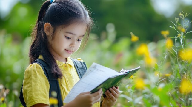 School girl in nature-based learning Appeals to niche content related to environmental education and outdoor schools, perfect for eco-conscious education platforms.