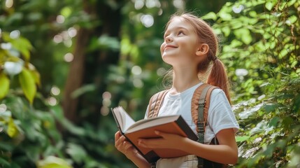 Fototapeta premium School girl in nature-based learning Low competition and ideal for content promoting outdoor, experiential, and nature-based educational practices.