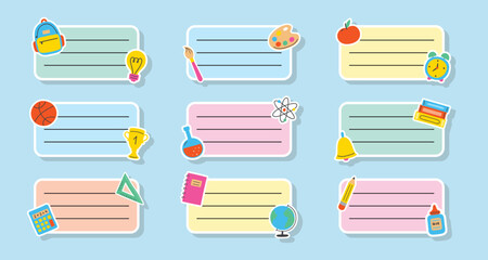 Set with school notebook labels in hand drawn style. Vector illustration