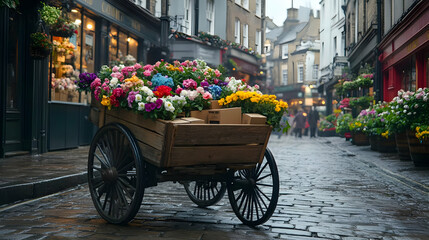 Fototapeta premium Flower cart in a cobbled street.