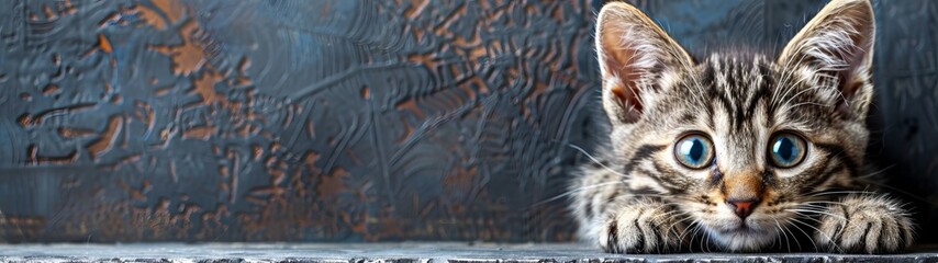 Fototapeta premium tabby kitten with striking blue eyes is peeking over a ledge, creating a curious and playful scene. The background features a textured wall