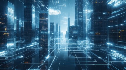 Obraz premium Futuristic Digital Cityscape with Glowing Grid Network