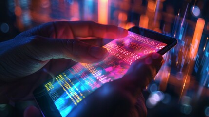 Digital Investing Hands Holding Smartphone with RealTime Stock Market Ticker Projection