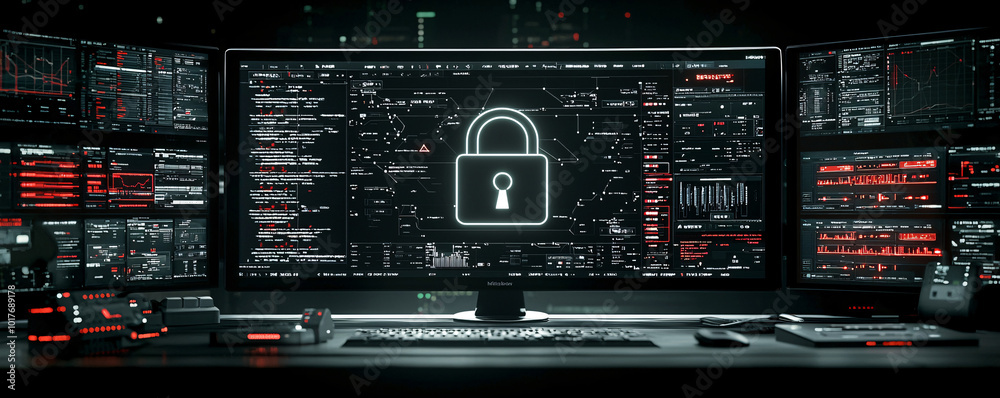 Poster computer monitor displaying a massive digital padlock in the center, surrounded by code, high-tech s