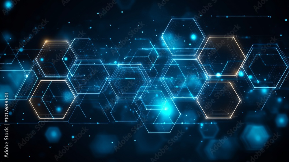Poster a futuristic digital pattern featuring glowing hexagons and particles against a dark background, cre