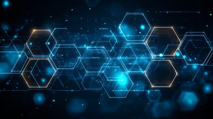 Obraz premium A futuristic digital pattern featuring glowing hexagons and particles against a dark background, creating a technology-inspired visual effect