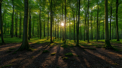 Sunlight Through the Trees in a Lush Green Forest.
