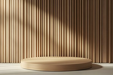 Wooden podium. 3D wooden stand for product presentation. Empty platform against the background of vertical slats on the wall. Modern minimalistic studio interior with a stage for the jewelry sphere
