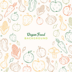 Vegan food line art background. Hand draw food backdrop with space for text and colorful outline vegetables and fruits icons. 