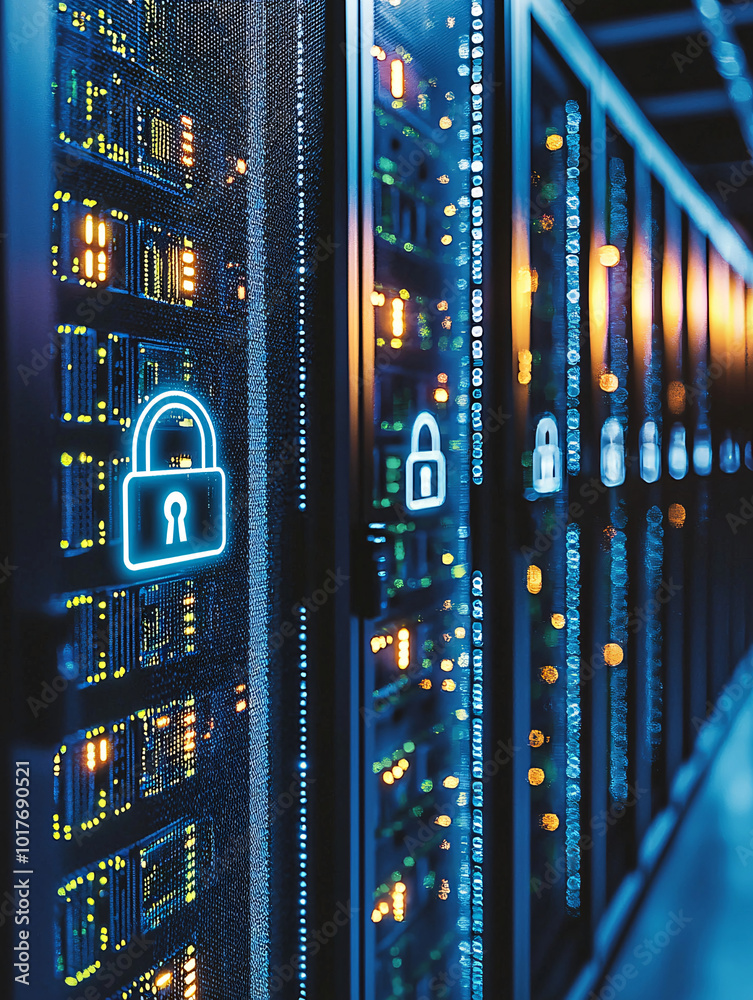 Poster rows of server computers with digital padlocks floating above each, dark ambiance with glowing data 