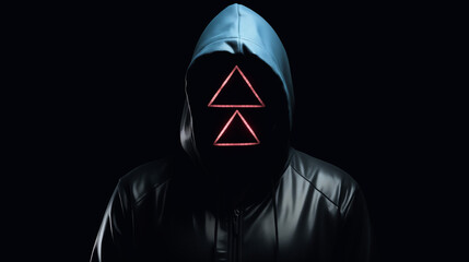 Unrecognizable person in mask from serial of squid game. Portrait of unknown person in mask with triangle on black background