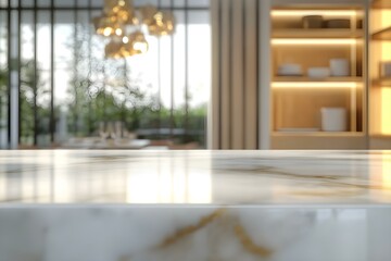 Fototapeta premium Kitchen with white marble countertop. Modern interior with empty tabletop with blur background. Luxury mockup with golden elements for product presentation