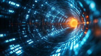 Abstract Digital Tunnel with Blue and Orange Glowing Lines