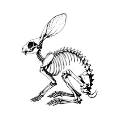 Black and white line art vector illustration of a Rabbit skeleton, hand drawn style