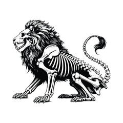 hand drawn black and white of skeleton lion line art vector illustration © Nurjen