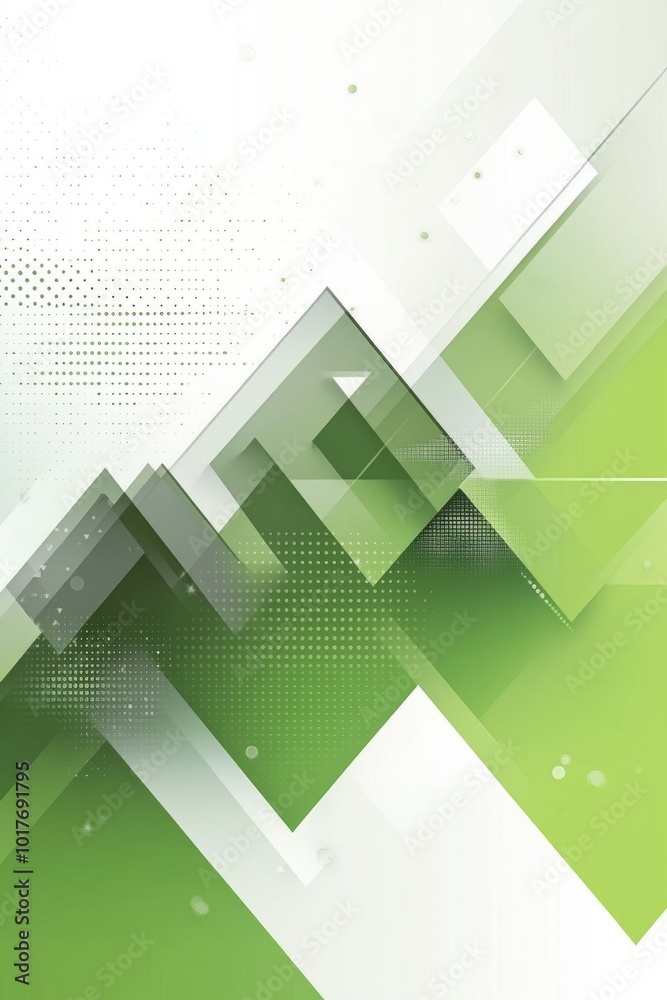 Poster abstract geometric patterns in green and white colors creating dynamic visual flow and depth effects