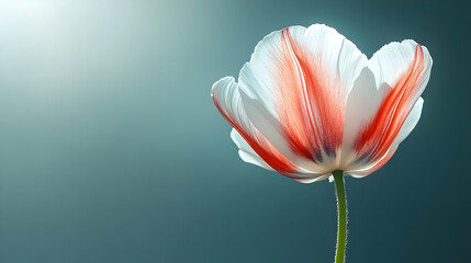 White Tulip with Red Stripes Against Blue Background.