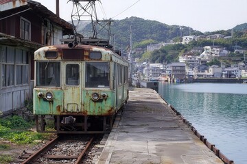 Abandoned green train rests quietly by the serene waterfront under the afternoon sun