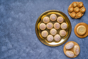 Arabic sweets. Traditional eid semolina maamoul or mamoul cookies with dates , walnuts and...