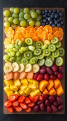 A variety of colorful fruits sliced and arranged on a wooden cutting board