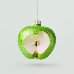 Green apple as Christmas bauble isolated on light background. Creative advertising concept, New Year decoration, food party, fruit ornament. Xmas invitation, greeting or gift card.