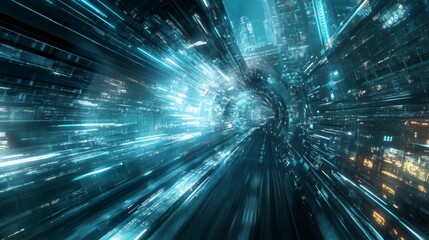 Futuristic Cityscape with Blue and Yellow Lights