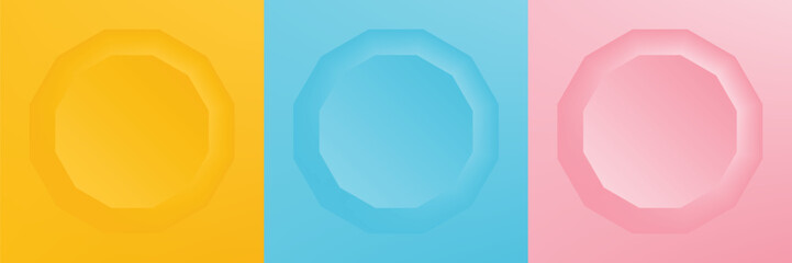 Set of abstract 3d hexagon frame design for cosmetic product. Collection of minimal geometric background with copy space. Top view scene. Vector EPS10