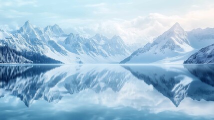 Beautifully Calm Lake, Reflecting Majestic Snowy Mountains. Winter Background.
