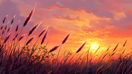 Naklejka premium Sunset Over Grass Field.