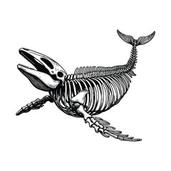 Black and white line art vector illustration of a whale skeleton, hand drawn style © Nurjen