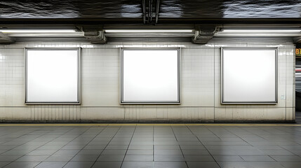 Three Blank White Square Billboards Mounted on a White Subway Wall with a Grey Tiled Floor