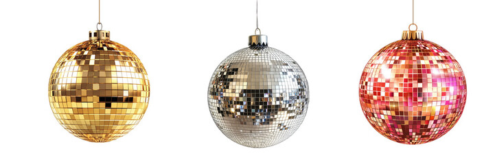 Obraz premium Set of a disco ball for New Year's Eve party, isolated on a transparent background.