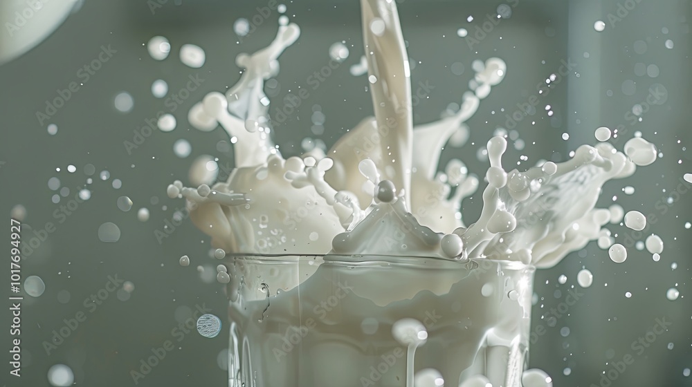 Poster milk cascades into a glass, producing an impressive display of splashes and droplets in a well-lit k