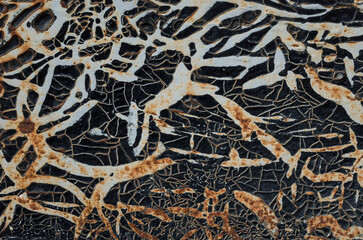 Abstract pattern of white veins on black background, Old cracked peeling paint on metal rusty surface