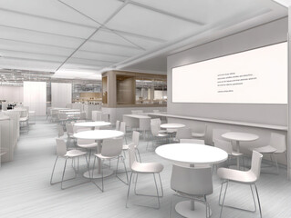 Modern, minimalist interior design featuring tables and chairs in a bright, open space.
