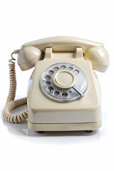 A vintage beige rotary phone sits isolated on a white background.