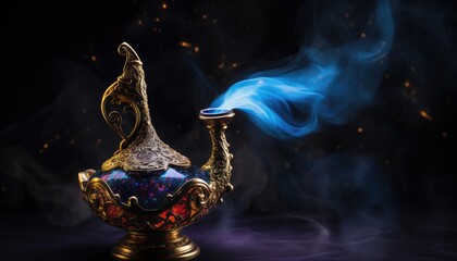 Magic Aladdin Genie lamp with smoke on a dark background