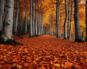 A path through an autumn forest, with fallen leaves covering the ground.