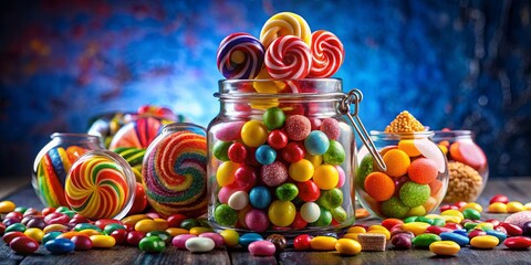 Fototapeta premium A symphony of colors and textures, with lollipops peeking out from a glass jar filled with vibrant candy
