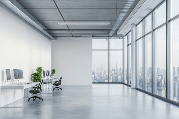 Empty modern office with city view. This image showcases a modern office space with panoramic city views, perfect for illustrating concepts of success, growth, and urban living.