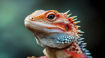 Obraz premium Close-up of a Red-Orange Lizard with Spiky Crest Looking Up, Reptile's Skin Pattern and Eye Detail, Macro Photography of a Scaly Animal.