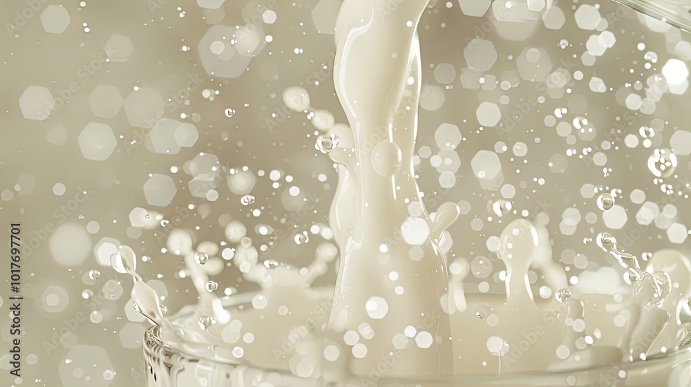 Aufkleber Milk is splashing dramatically in a glass, creating a mesmerizing display as droplets scatter and a mist of liquid forms above. Generative AI
