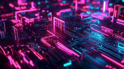 Obraz premium Abstract Neon Circuit Board with Pink and Blue Lights